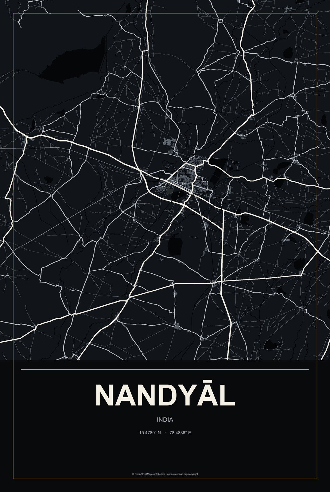 Nandyāl, India City Map Aluminum Sign in Metropolitan Noir style