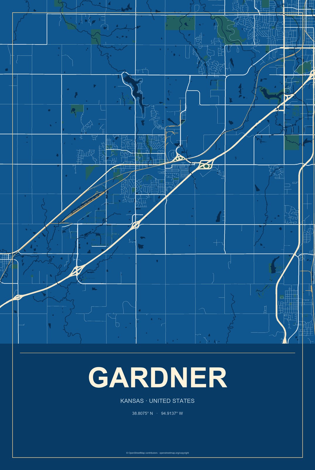 Gardner, Kansas City Map Aluminum Sign in Harbor Cobalt style