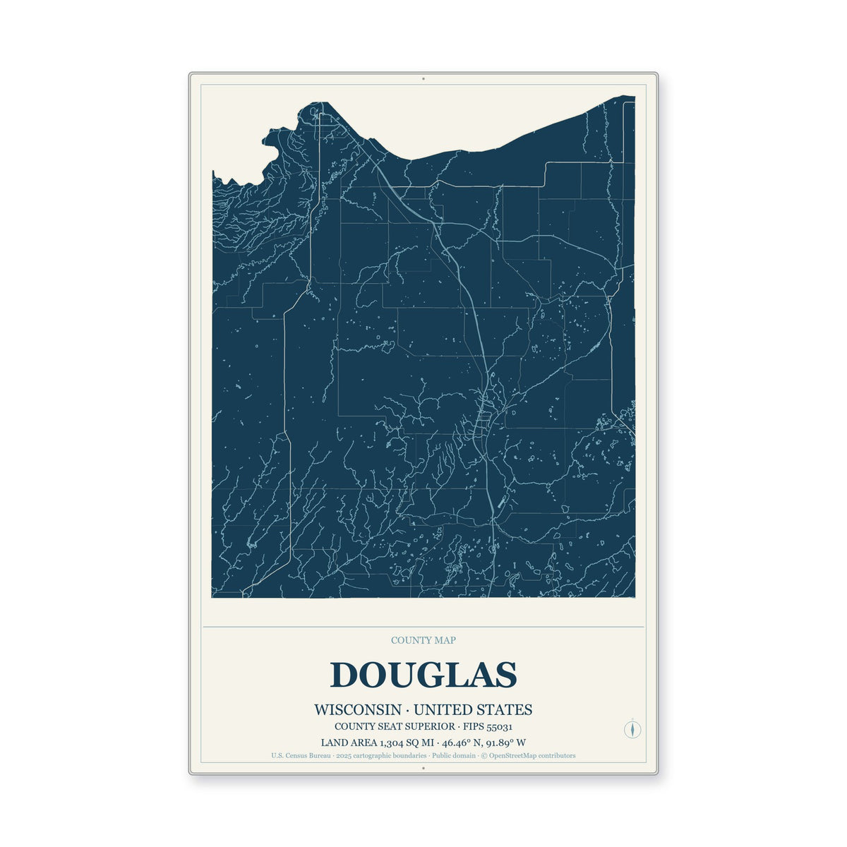 Douglas County, Wisconsin Map Aluminum Sign in Coastal Cutout style