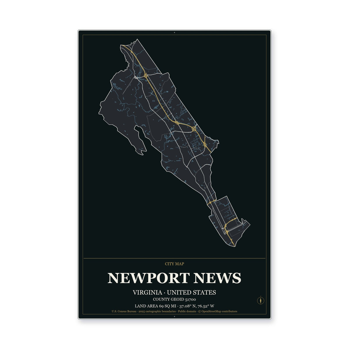 Newport News city, Virginia Map Aluminum Sign in Metropolitan Noir style