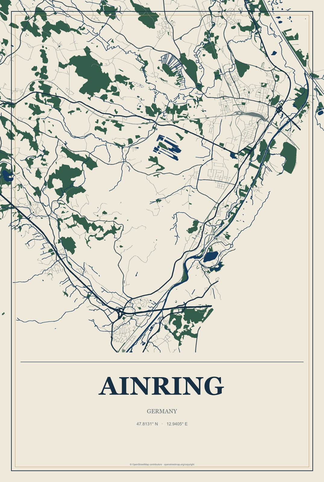Ainring, Germany City Map Aluminum Sign in Coastal Cutout style