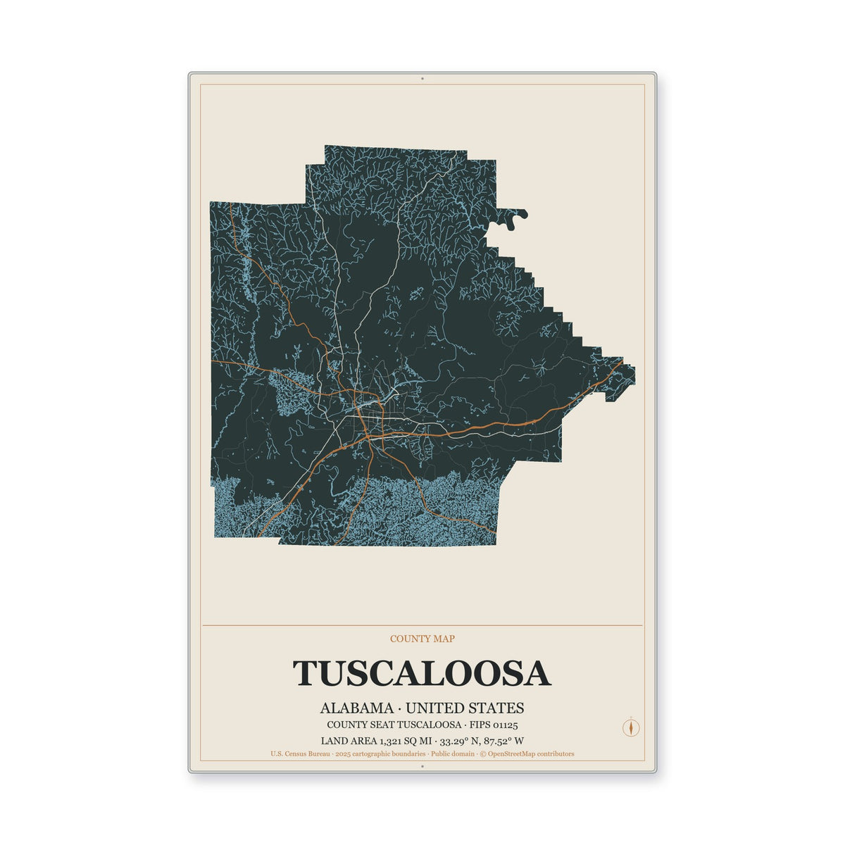 Tuscaloosa County, Alabama Map Aluminum Sign in Headline Atlas style