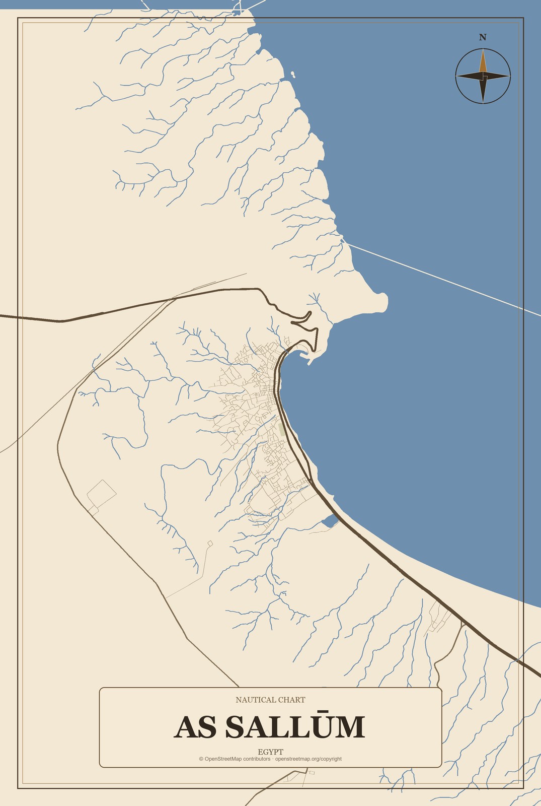 As Sallūm, Egypt City Map Aluminum Sign in Heritage Nautical style