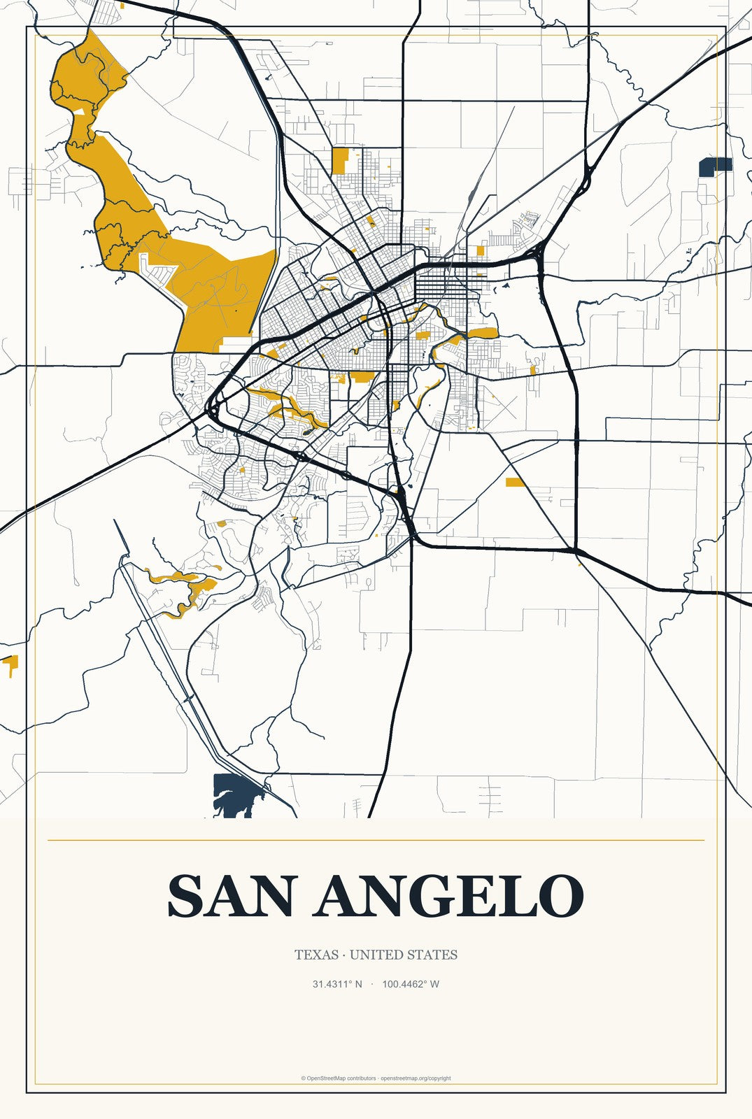 San Angelo, Texas City Map Aluminum Sign in Citrine Modern style