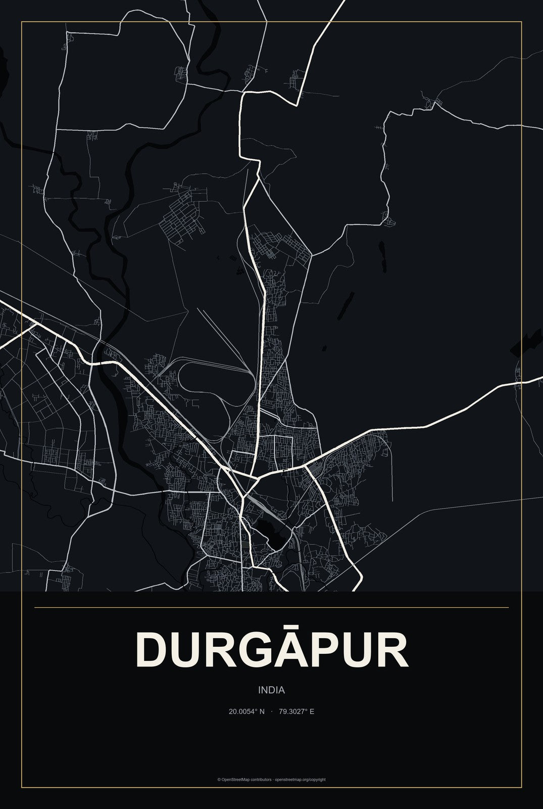Durgāpur, India City Map Aluminum Sign in Metropolitan Noir style
