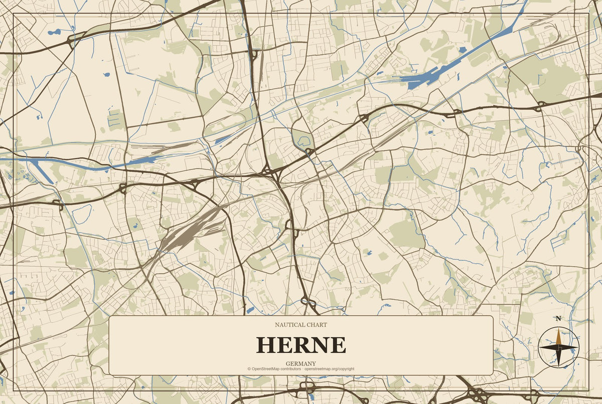 Herne, Germany City Map Aluminum Sign in Heritage Nautical style