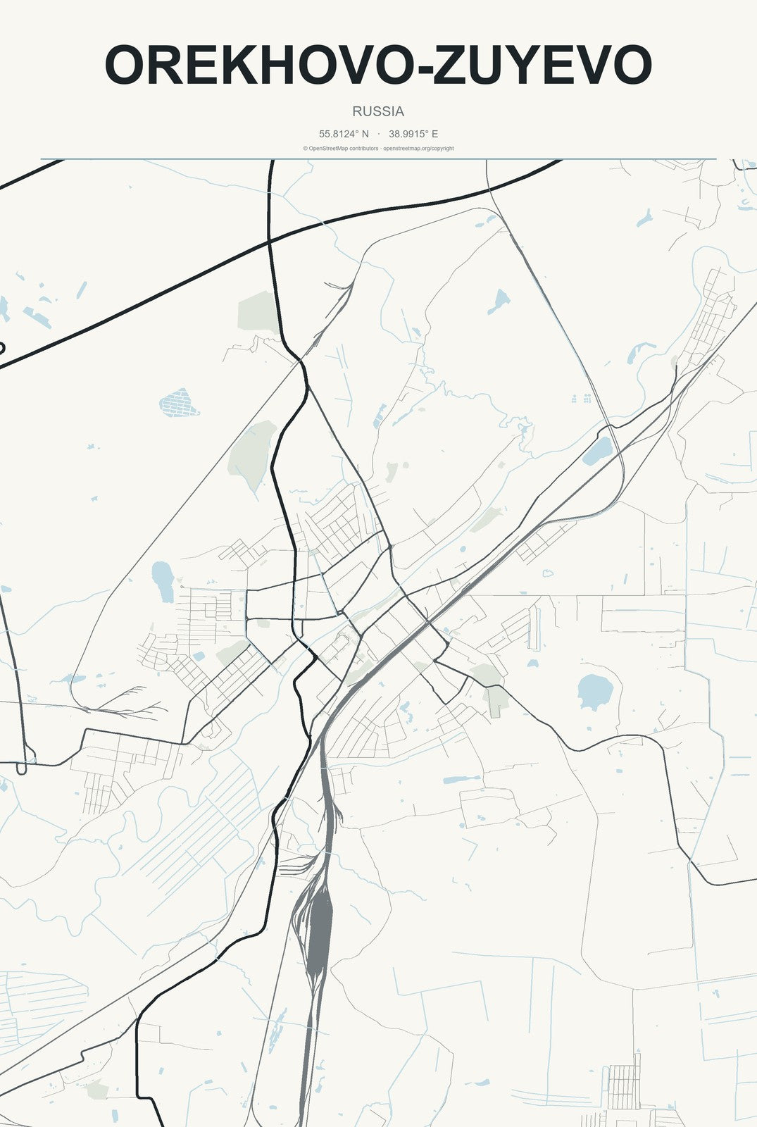 Orekhovo-Zuyevo, Russia City Map Aluminum Sign in Headline Atlas style