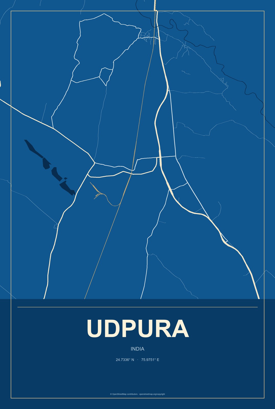 Udpura, India City Map Aluminum Sign in Harbor Cobalt style