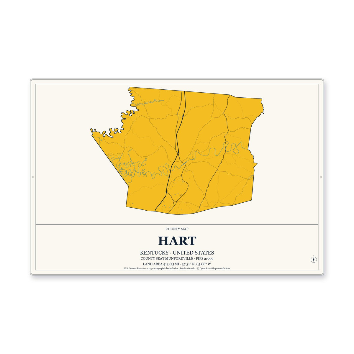 Hart County, Kentucky Map Aluminum Sign in Citrine Modern style