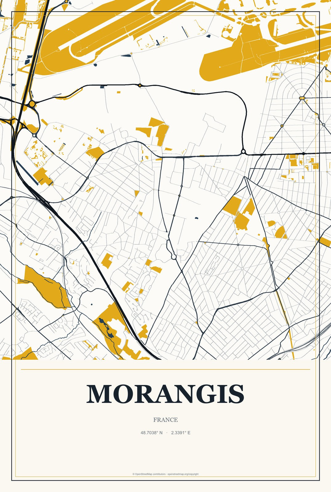 Morangis, France City Map Aluminum Sign in Citrine Modern style
