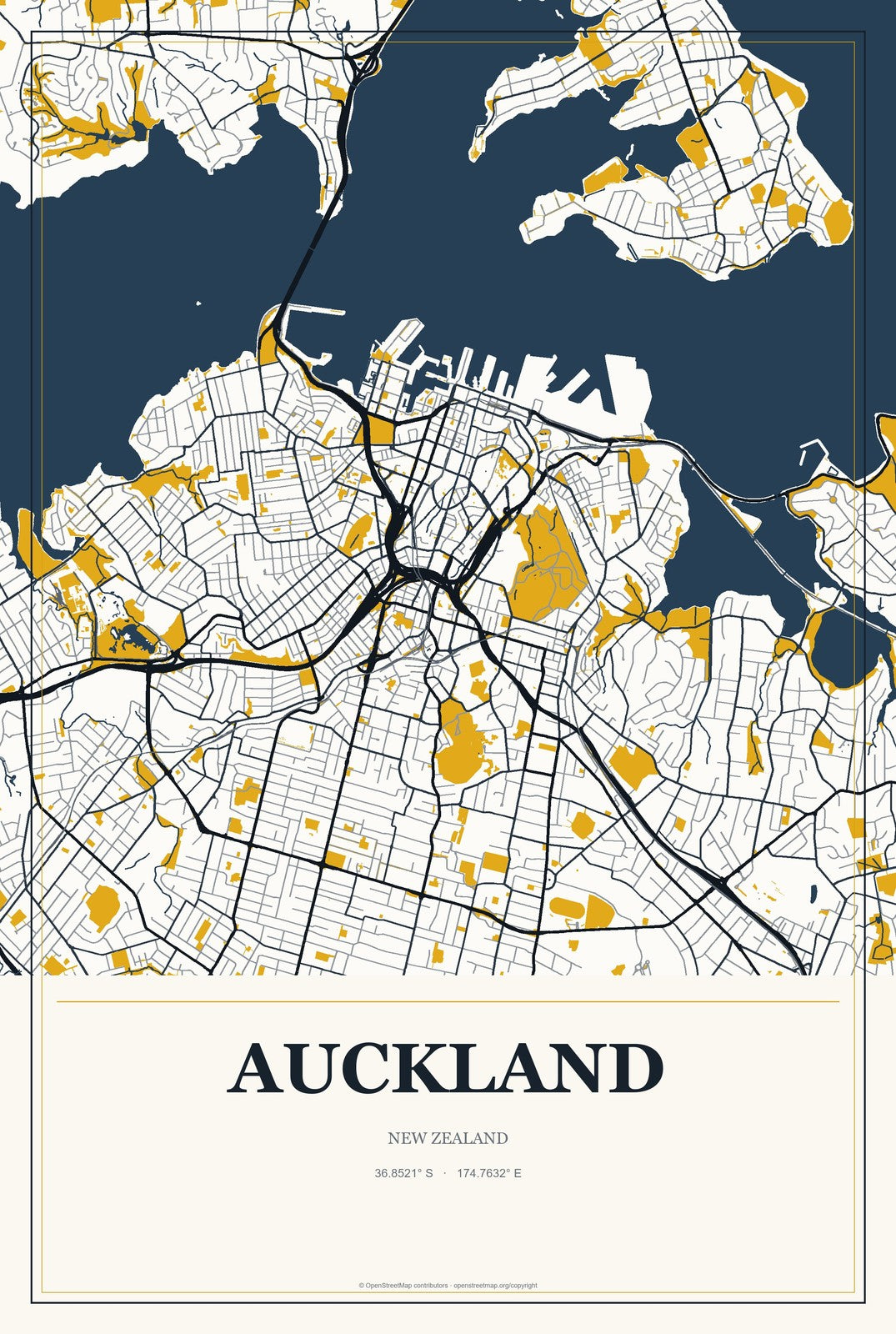 Auckland, New Zealand City Map Aluminum Sign in Citrine Modern style