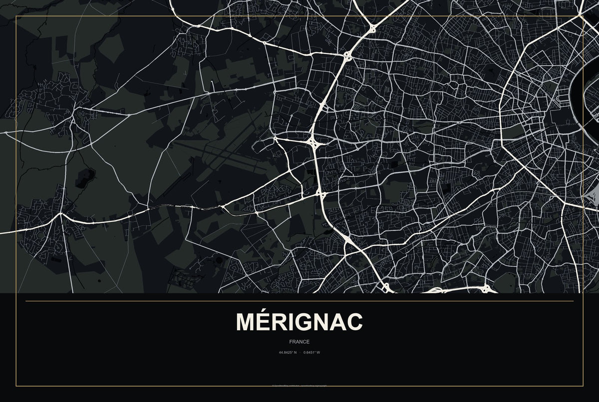 Mérignac, France City Map Aluminum Sign in Metropolitan Noir style