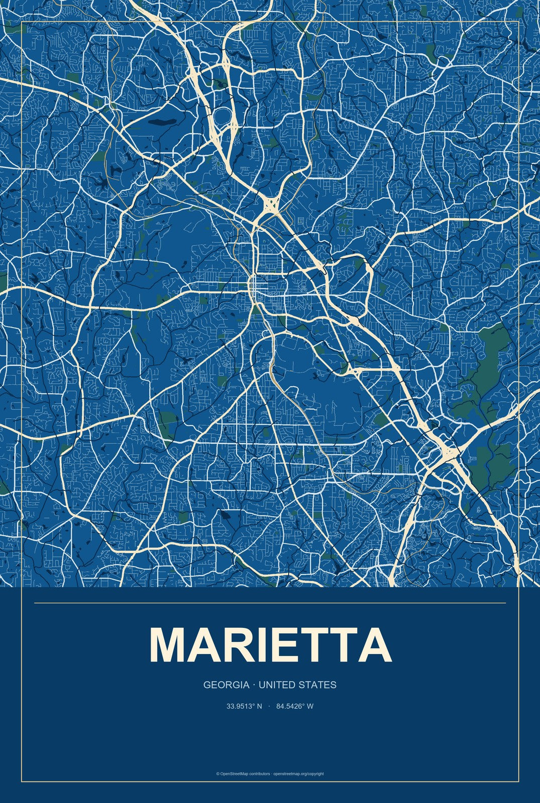 Marietta, Georgia City Map Aluminum Sign in Harbor Cobalt style
