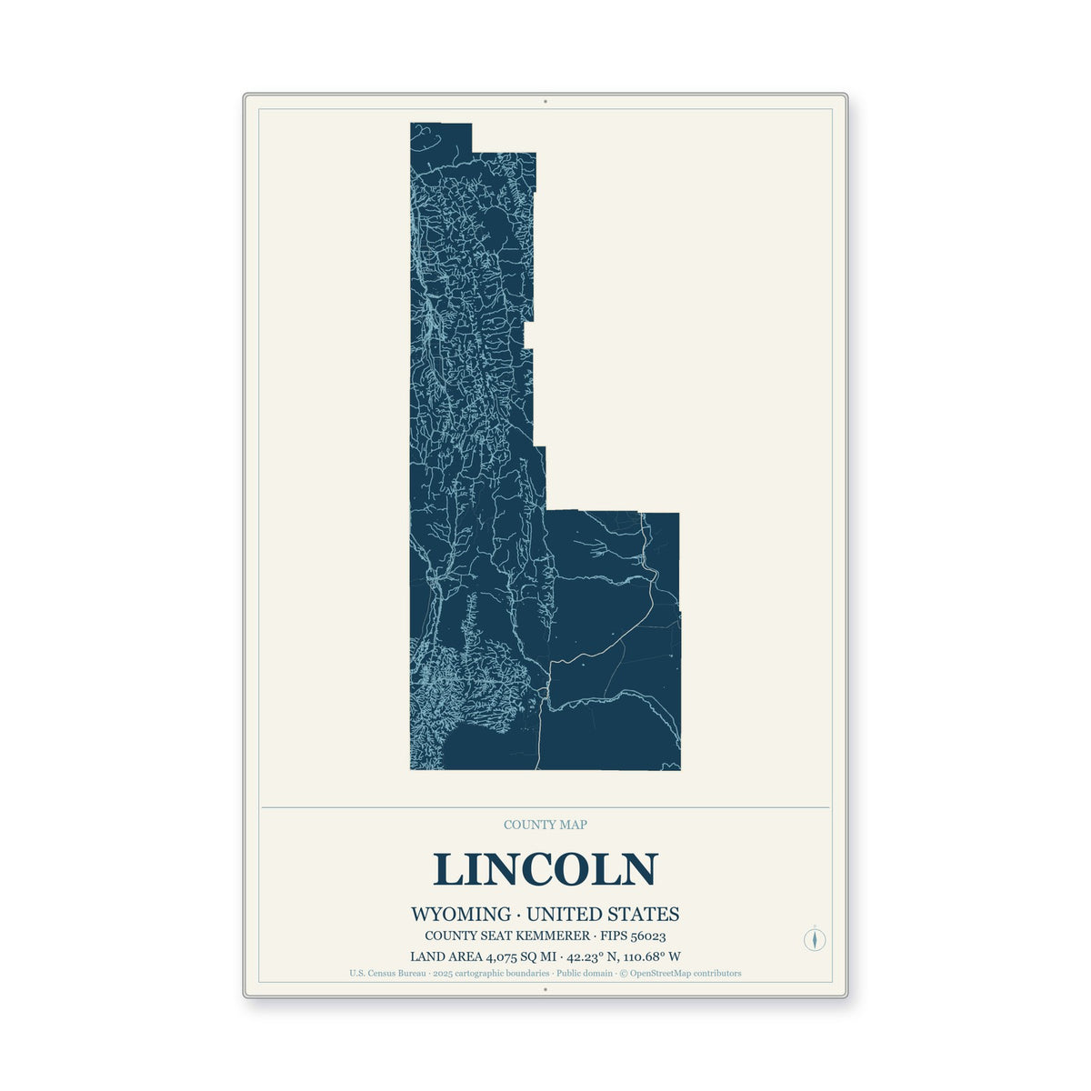 Lincoln County, Wyoming Map Aluminum Sign in Coastal Cutout style
