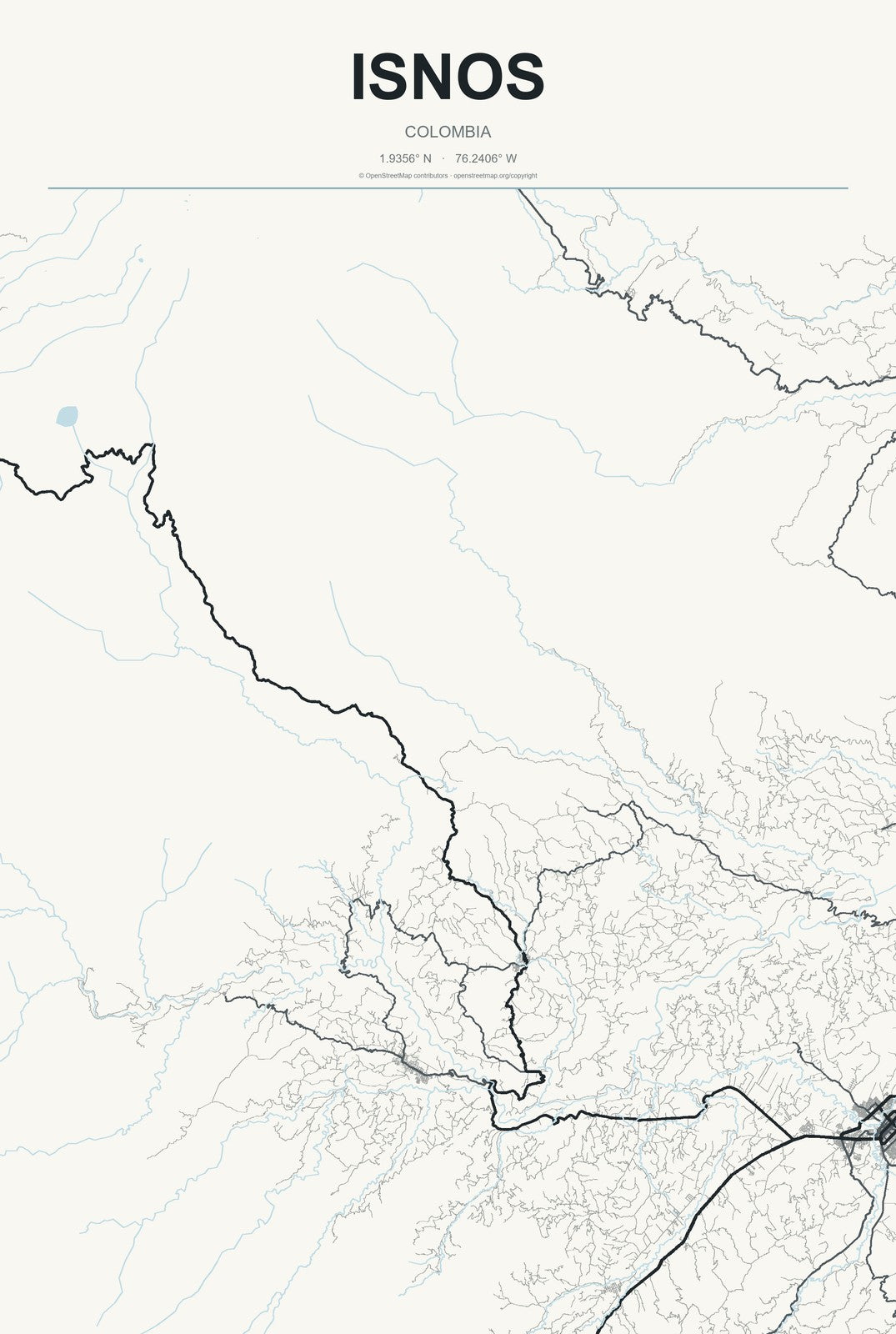 Isnos, Colombia City Map Aluminum Sign in Headline Atlas style