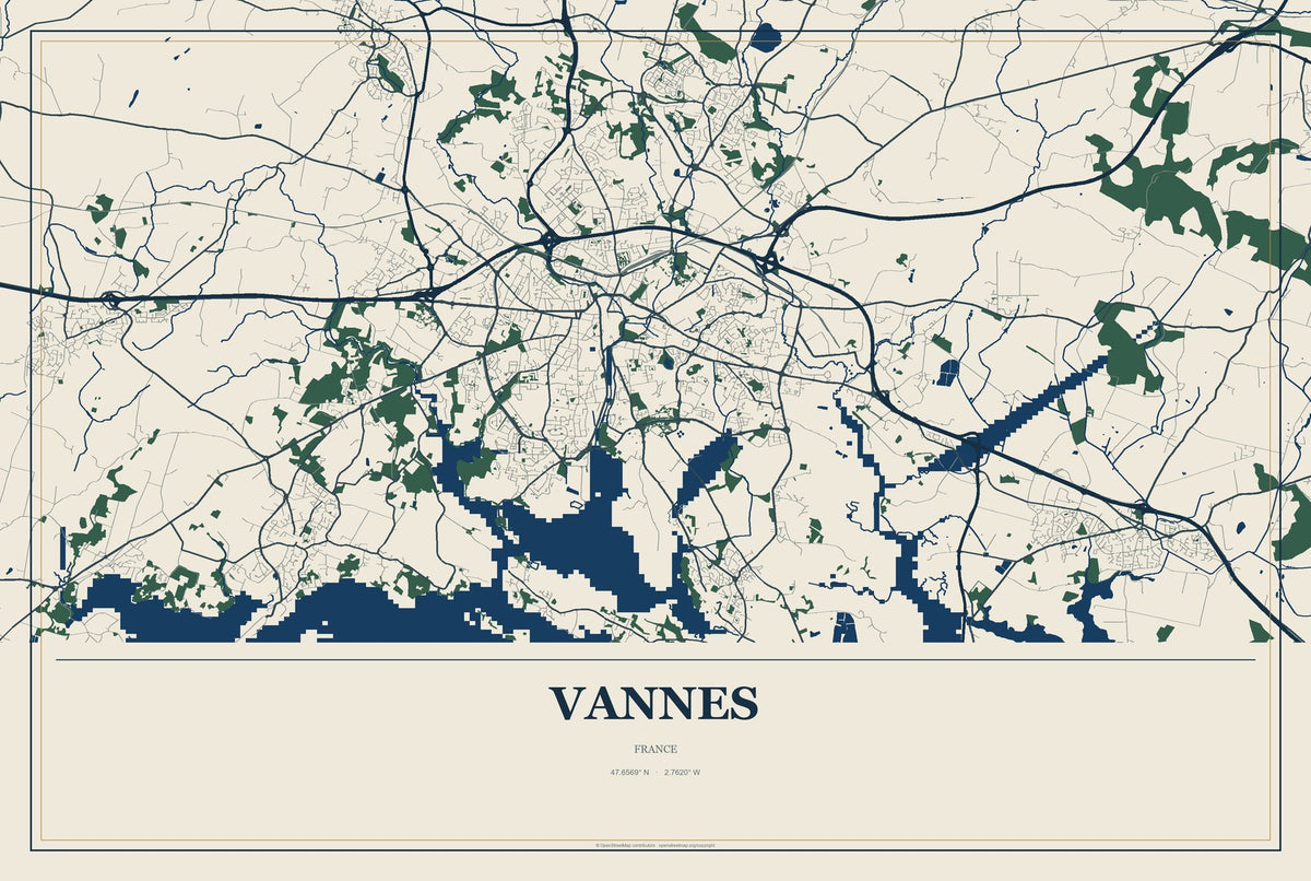 Vannes, France City Map Aluminum Sign in Coastal Cutout style