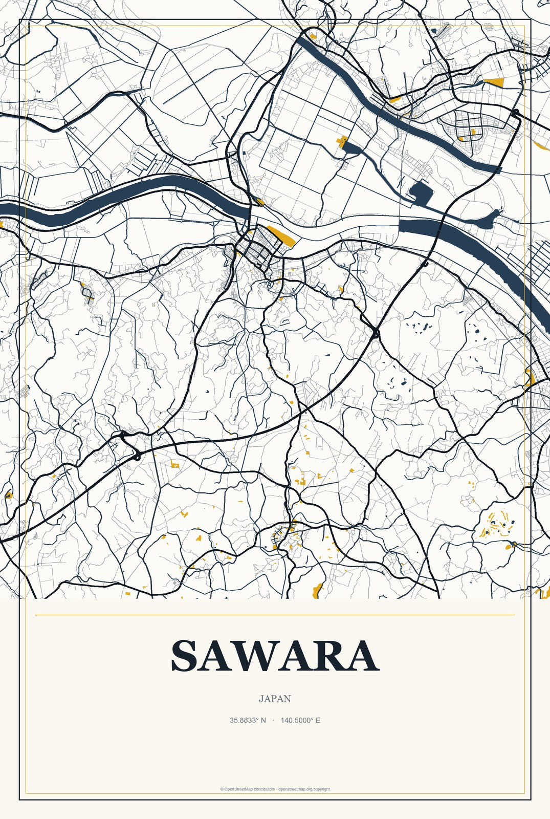 Sawara, Japan City Map Aluminum Sign in Citrine Modern style