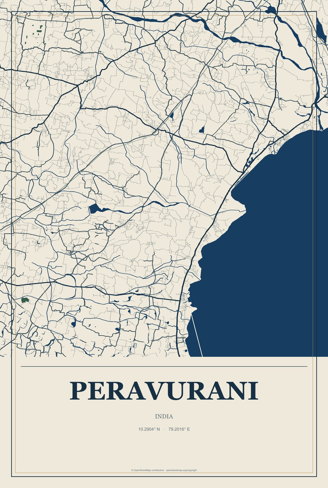 Peravurani, India City Map Aluminum Sign in Coastal Cutout style