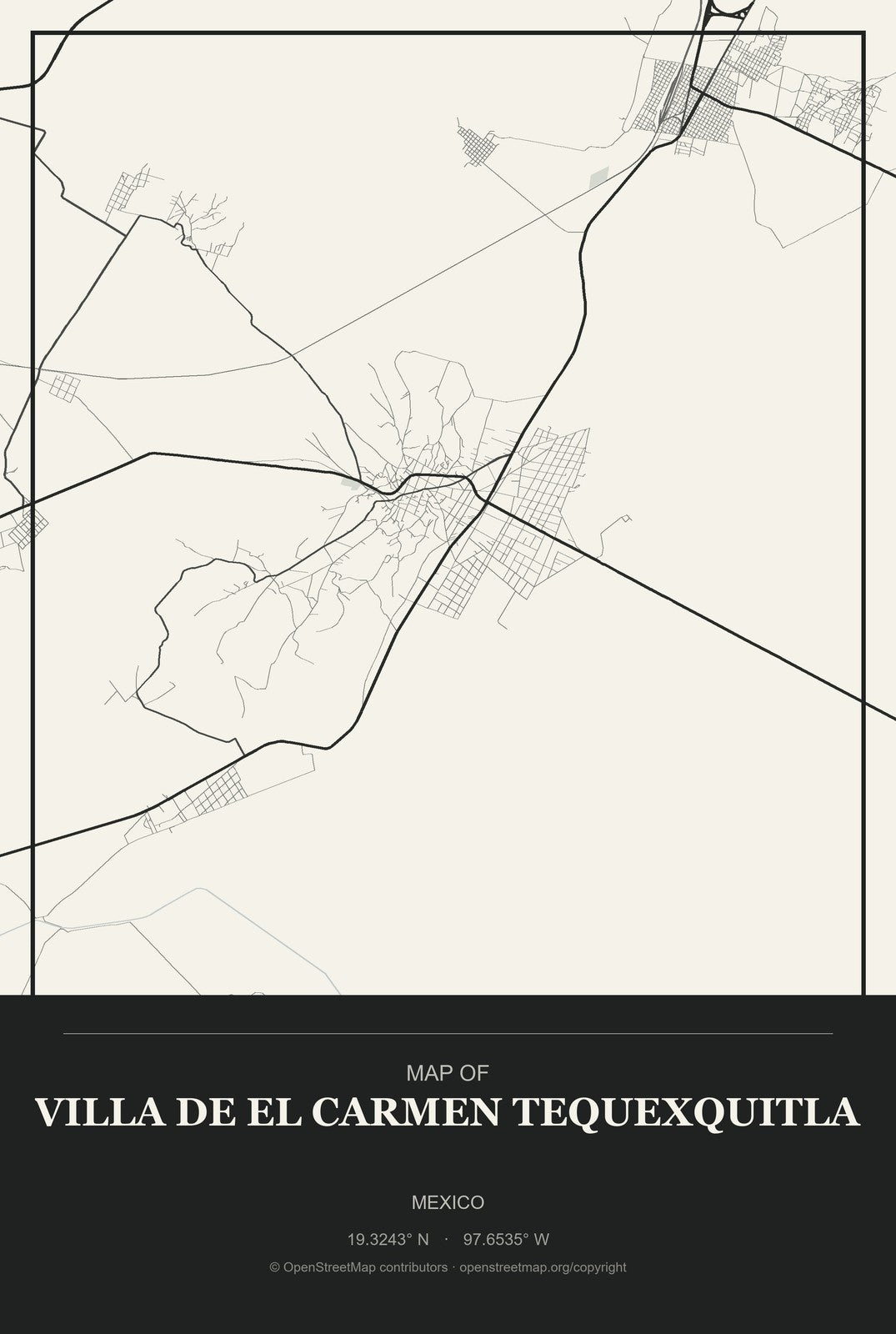 Villa de El Carmen Tequexquitla, Mexico City Map Aluminum Sign in Museum Plaque style