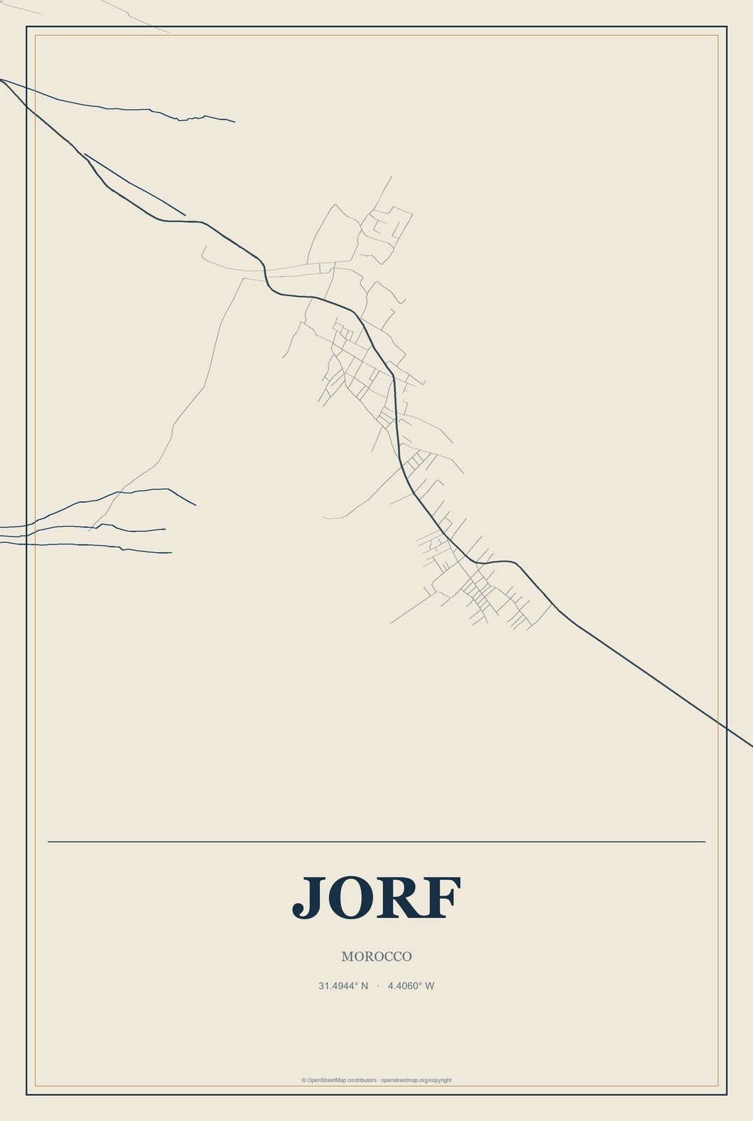 Jorf, Morocco City Map Aluminum Sign in Coastal Cutout style