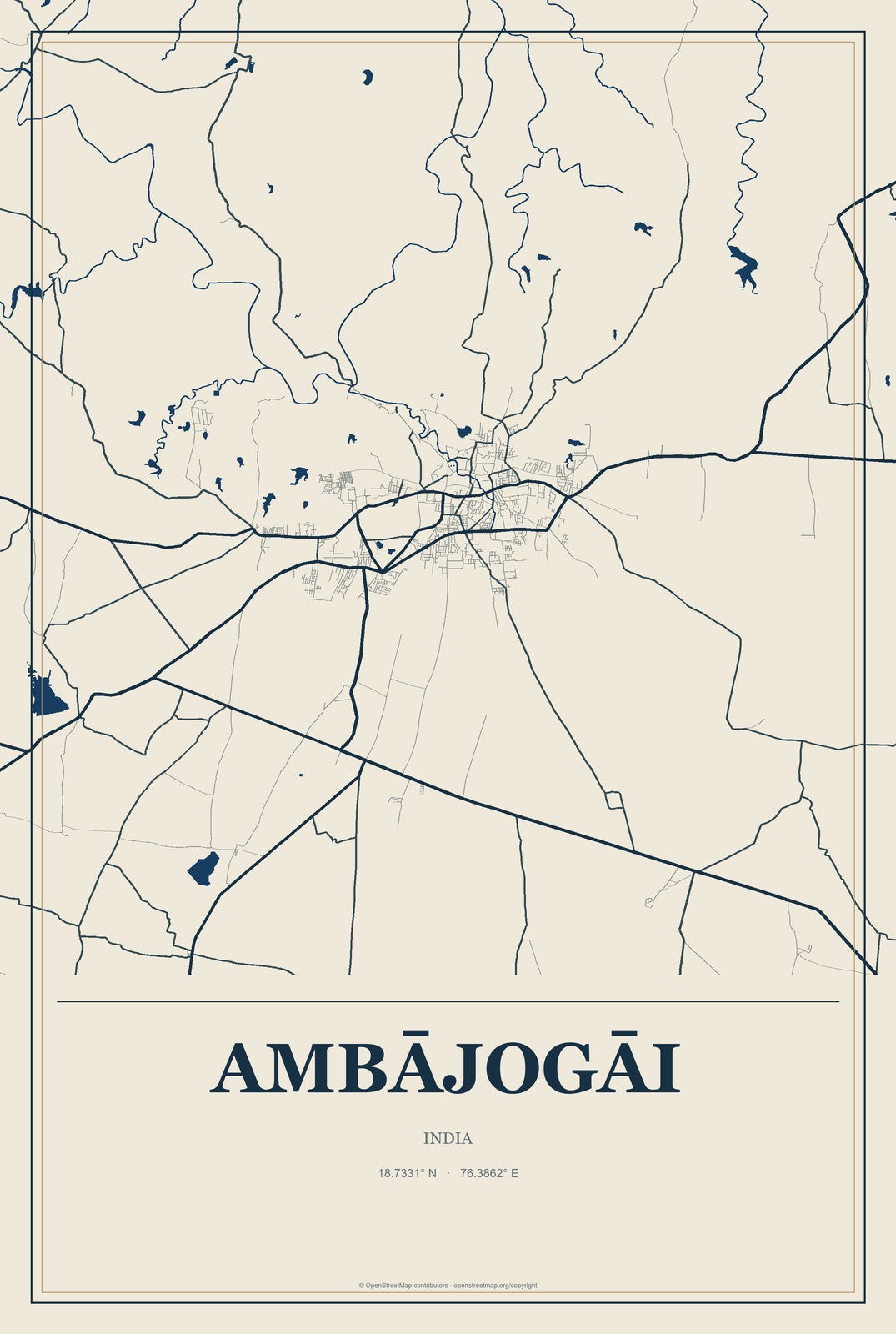 Ambājogāi, India City Map Aluminum Sign in Coastal Cutout style