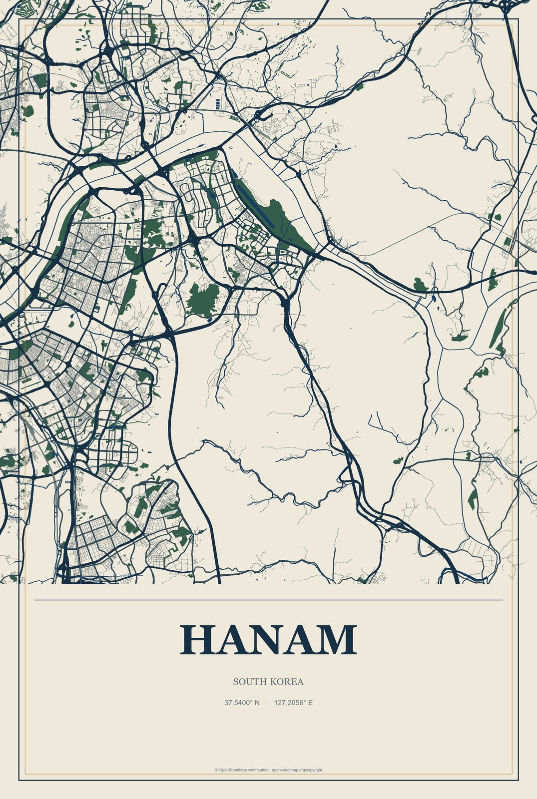 Hanam, South Korea City Map Aluminum Sign in Coastal Cutout style