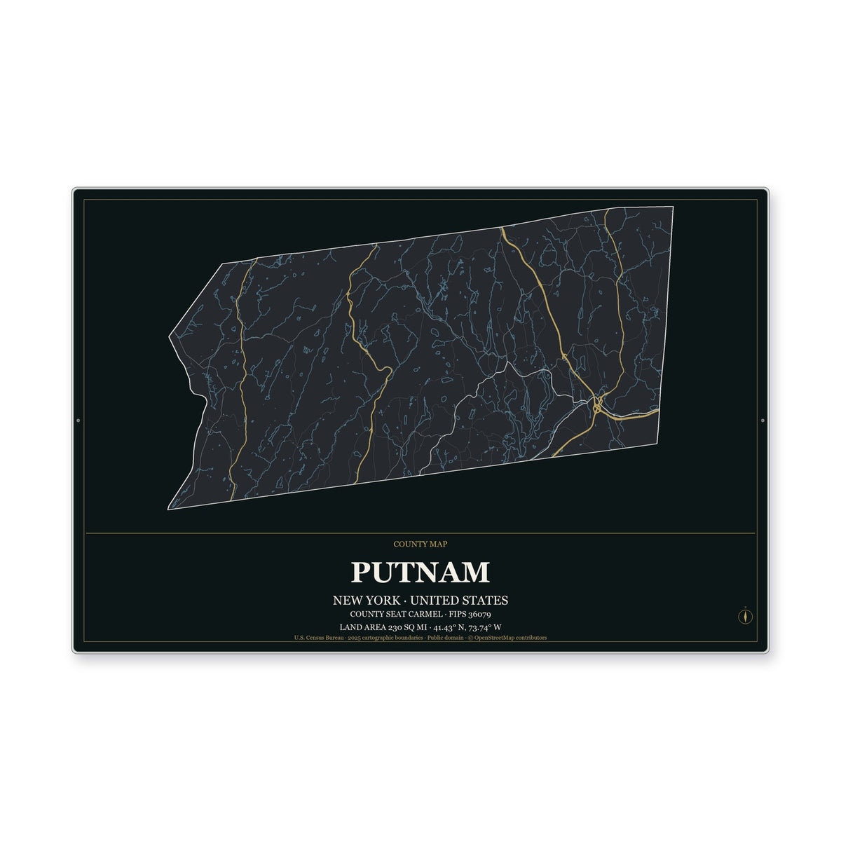 Putnam County, New York Map Aluminum Sign in Metropolitan Noir style
