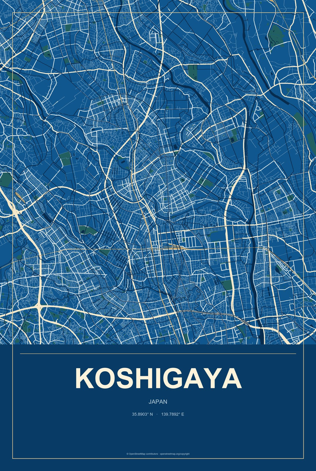 Koshigaya, Japan City Map Aluminum Sign in Harbor Cobalt style