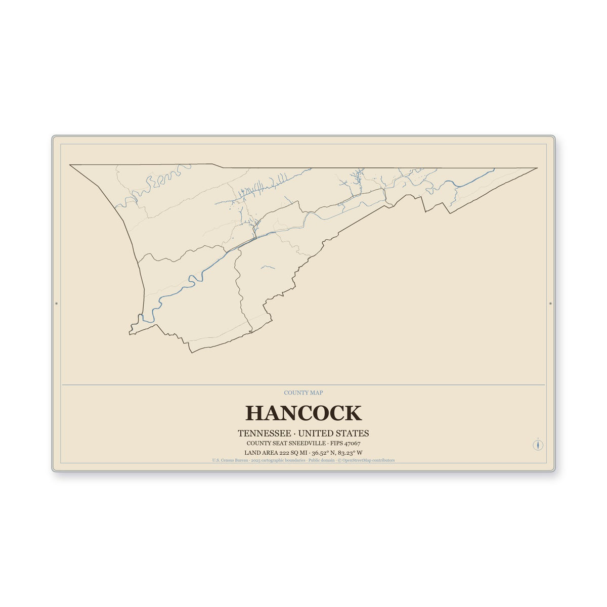 Hancock County, Tennessee Map Aluminum Sign in Heritage Nautical style