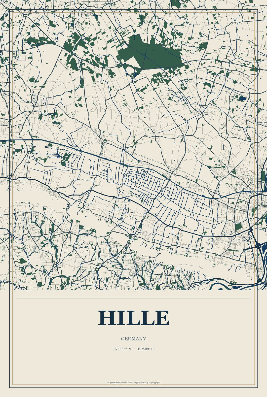 Hille, Germany City Map Aluminum Sign in Coastal Cutout style