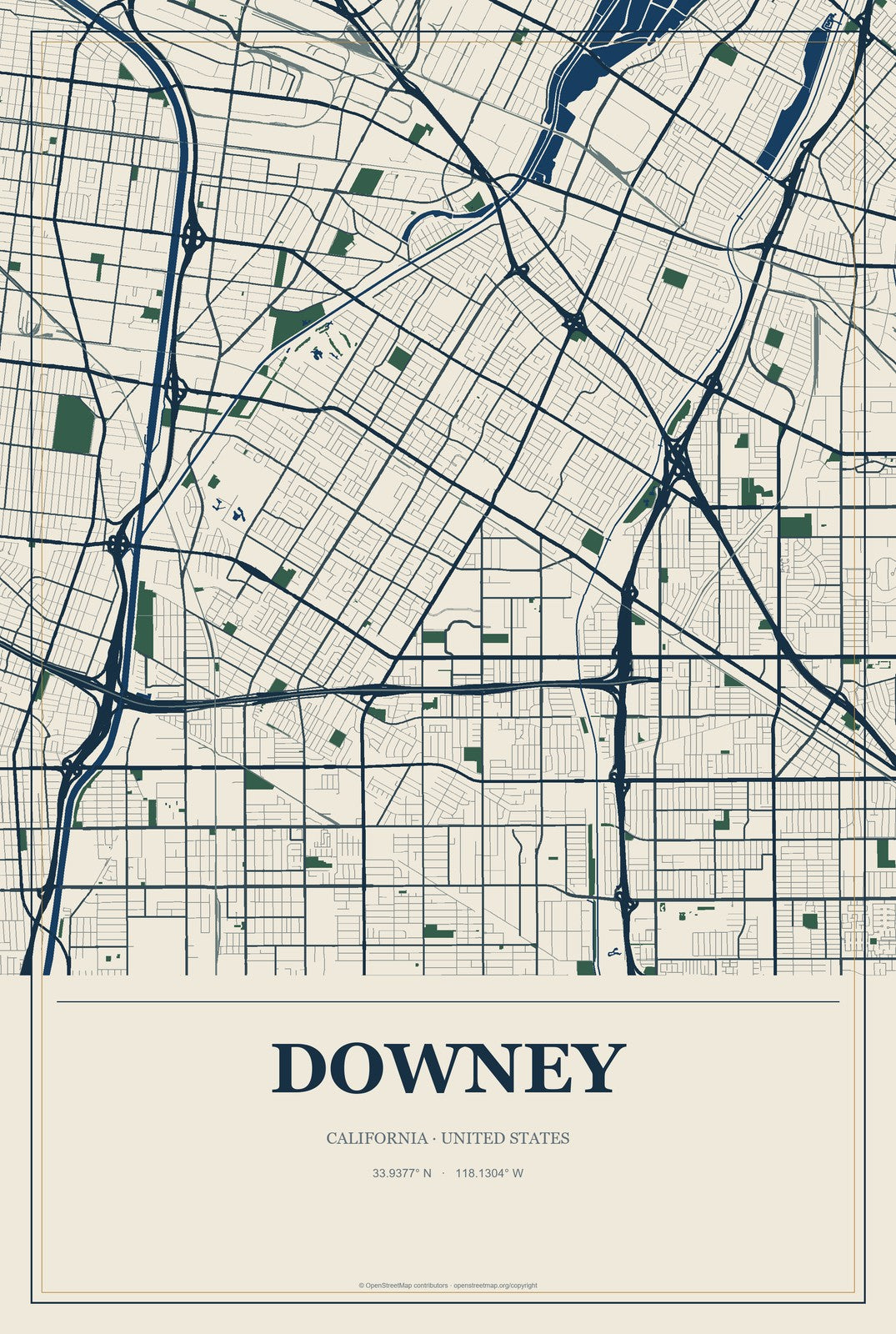 Downey, California City Map Aluminum Sign in Coastal Cutout style