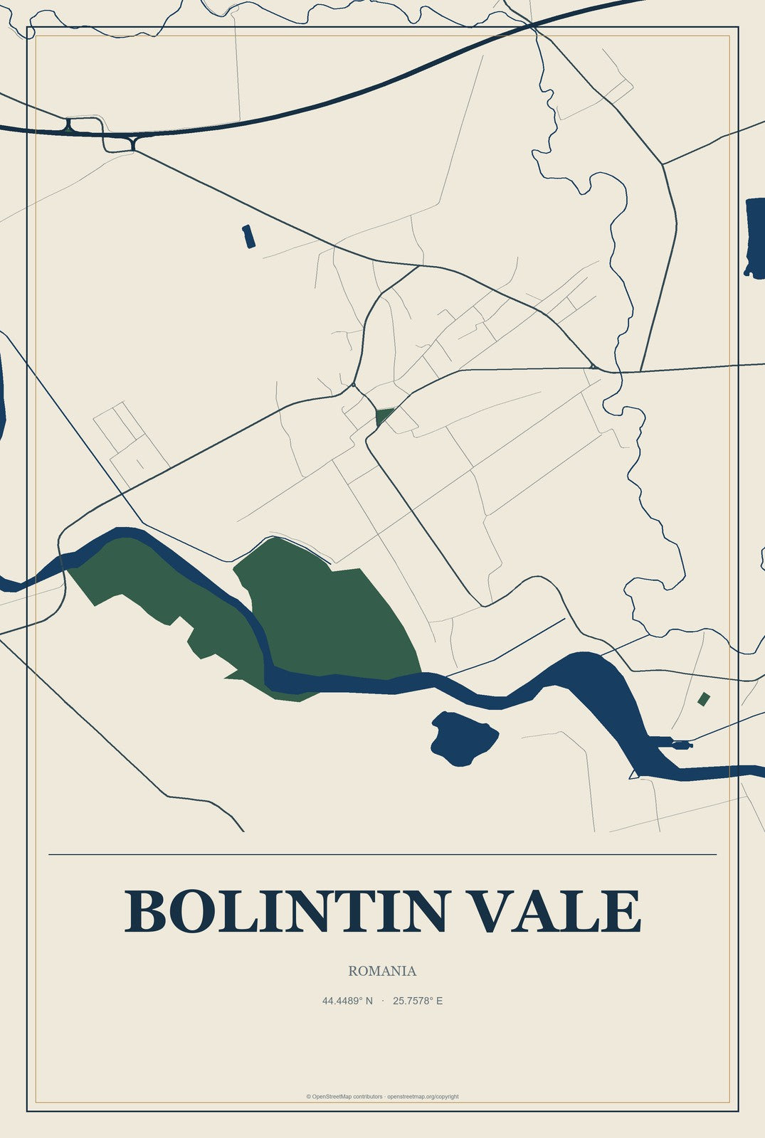 Bolintin Vale, Romania City Map Aluminum Sign in Coastal Cutout style