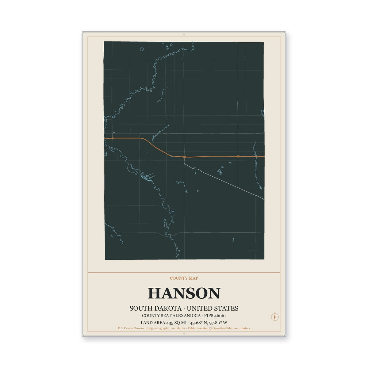 Hanson County, South Dakota Map Aluminum Sign in Headline Atlas style