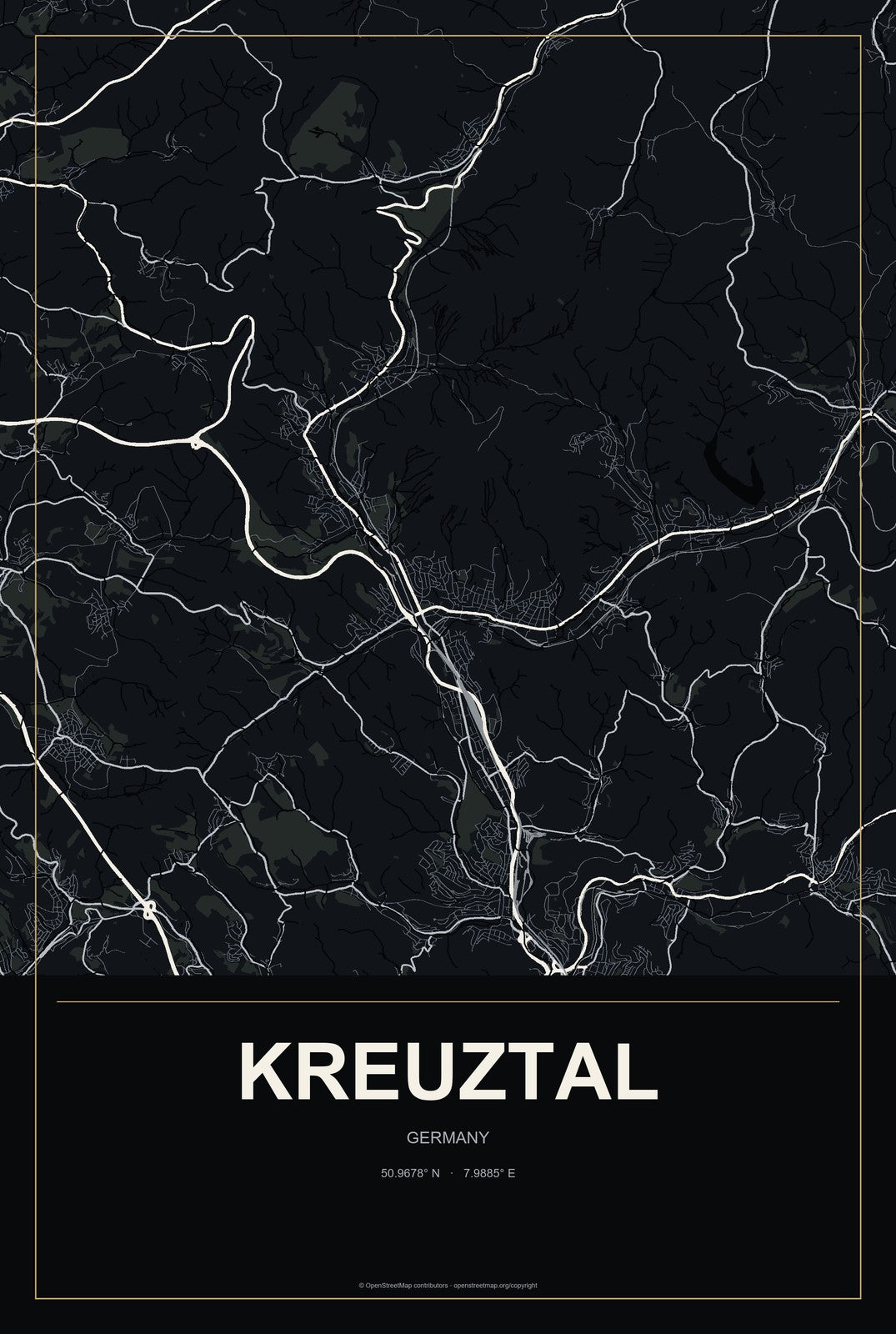 Kreuztal, Germany City Map Aluminum Sign in Metropolitan Noir style
