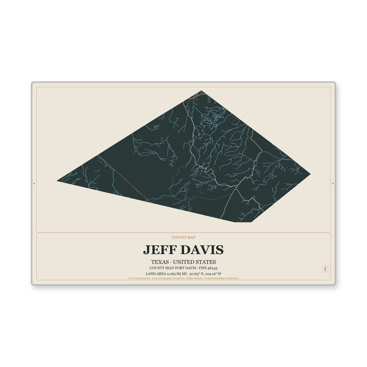 Jeff Davis County, Texas Map Aluminum Sign in Headline Atlas style