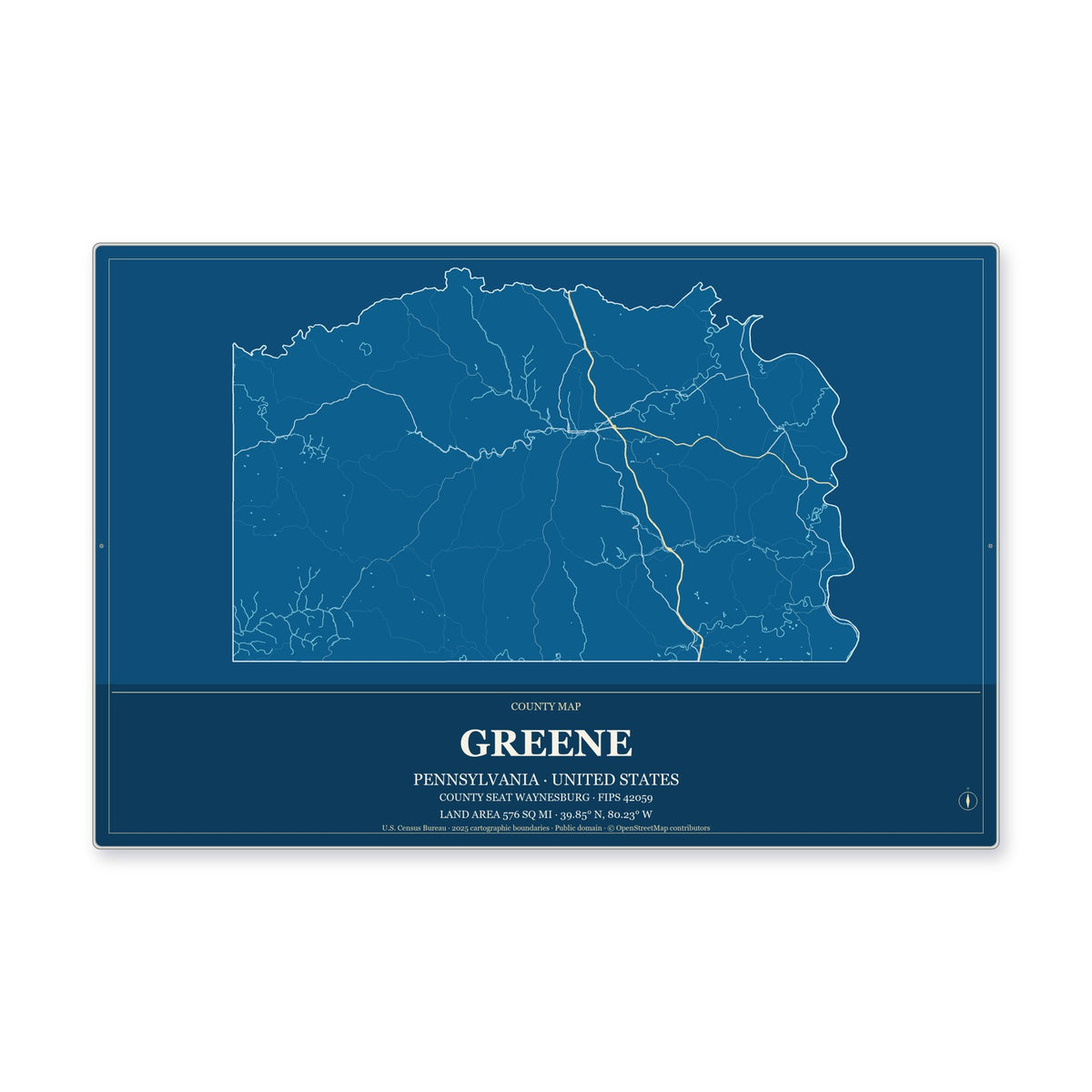 Greene County, Pennsylvania Map Aluminum Sign in Harbor Cobalt style