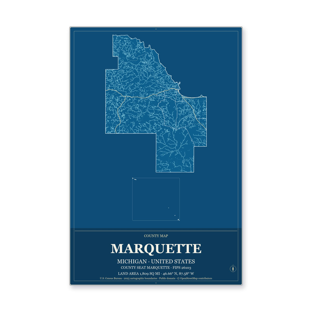 Marquette County, Michigan Map Aluminum Sign in Harbor Cobalt style