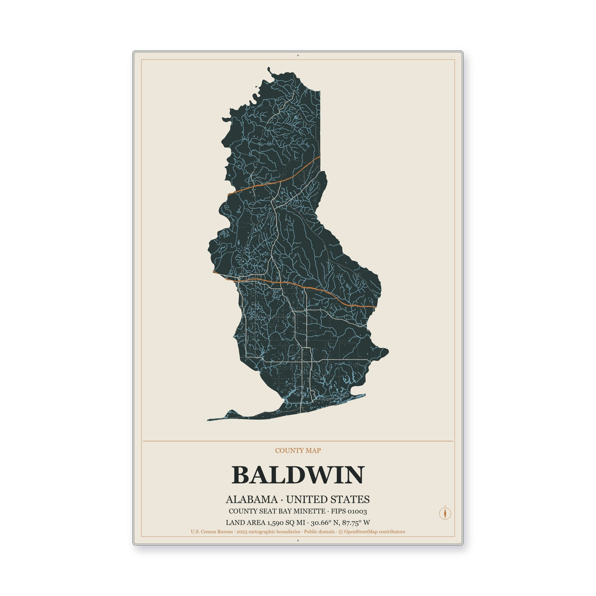 Baldwin County, Alabama Map Aluminum Sign in Headline Atlas style