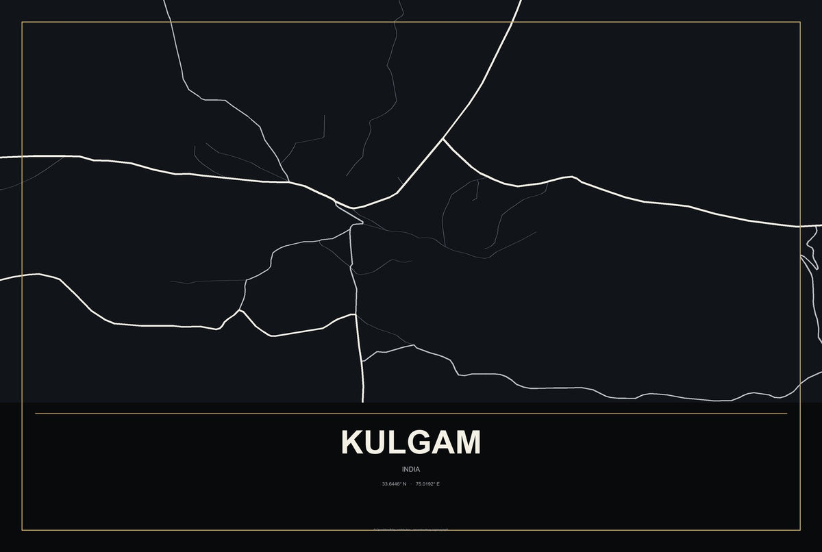 Kulgam, India City Map Aluminum Sign in Metropolitan Noir style