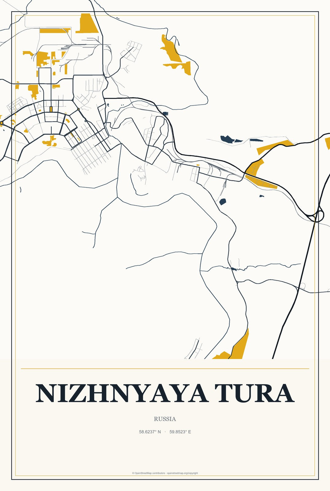 Nizhnyaya Tura, Russia City Map Aluminum Sign in Citrine Modern style