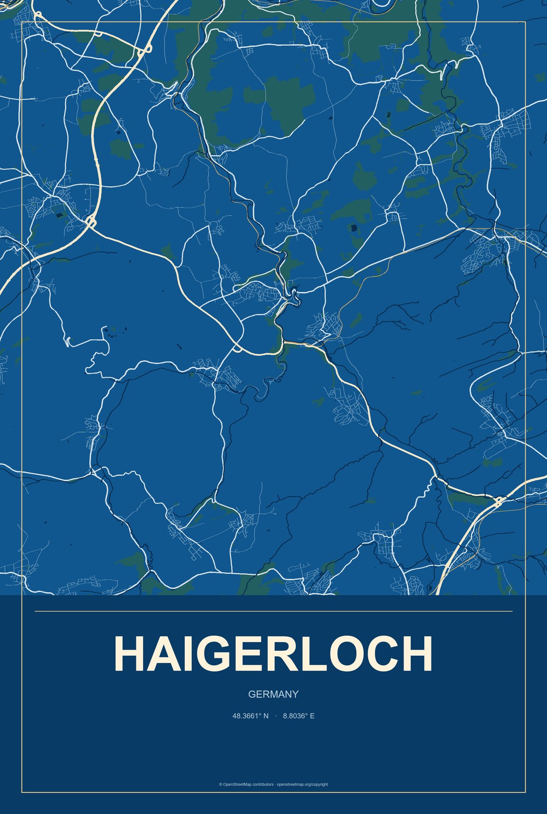 Haigerloch, Germany City Map Aluminum Sign in Harbor Cobalt style