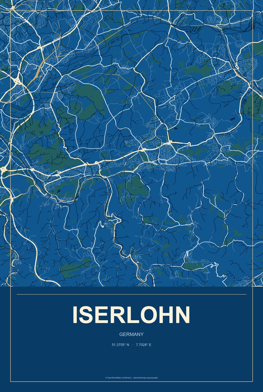 Iserlohn, Germany City Map Aluminum Sign in Harbor Cobalt style
