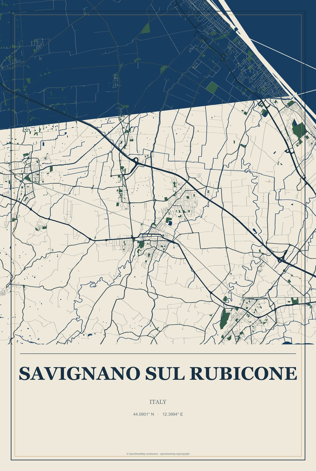 Savignano sul Rubicone, Italy City Map Aluminum Sign in Coastal Cutout style