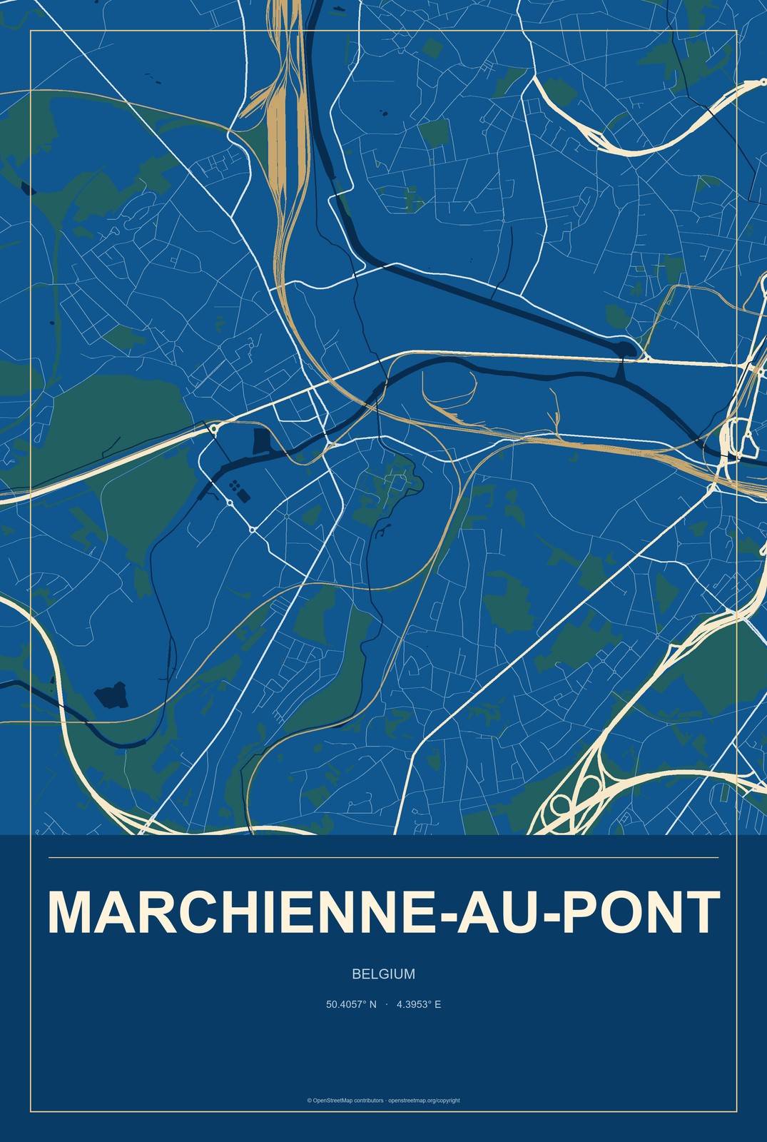 Marchienne-au-Pont, Belgium City Map Aluminum Sign in Harbor Cobalt style