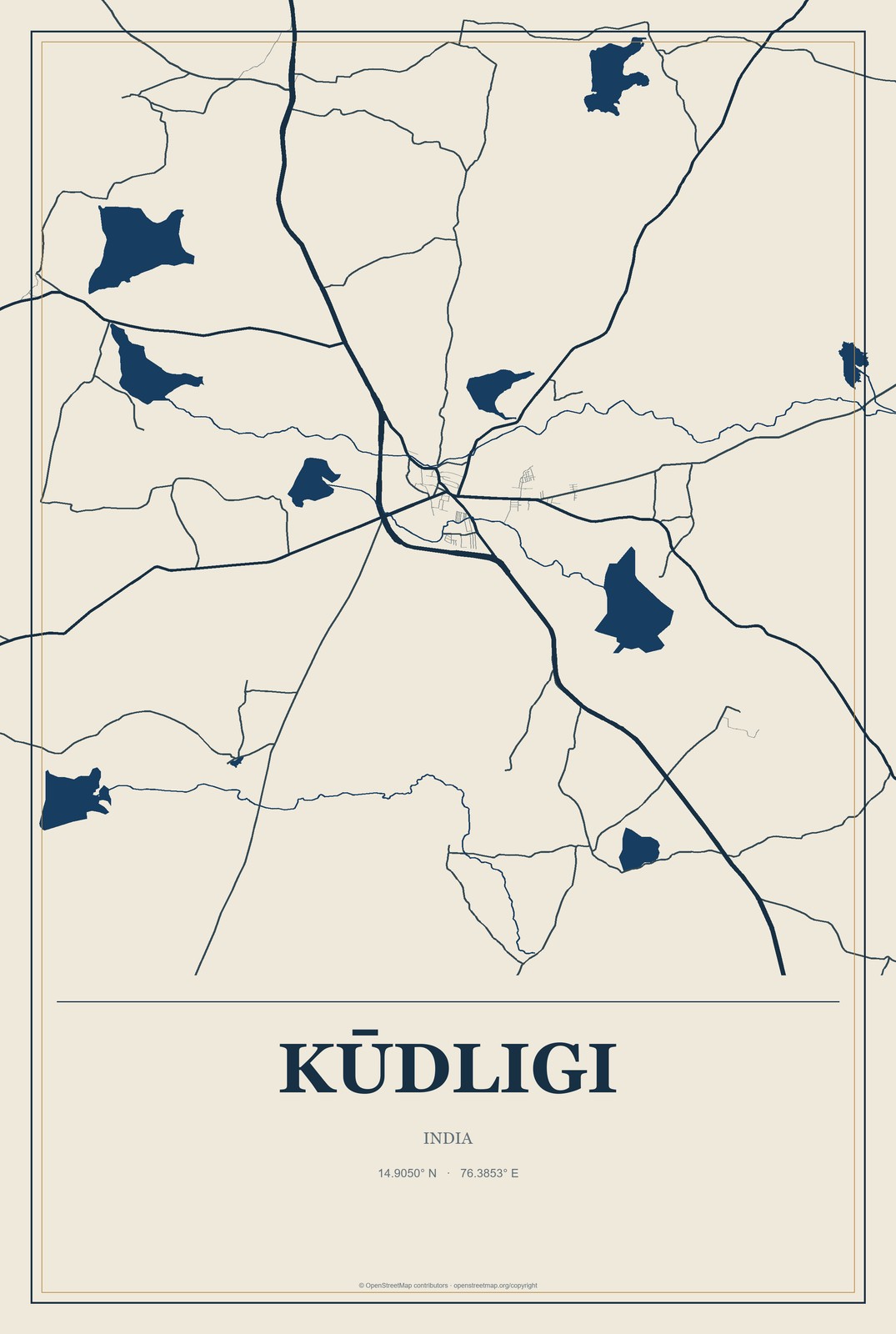Kūdligi, India City Map Aluminum Sign in Coastal Cutout style