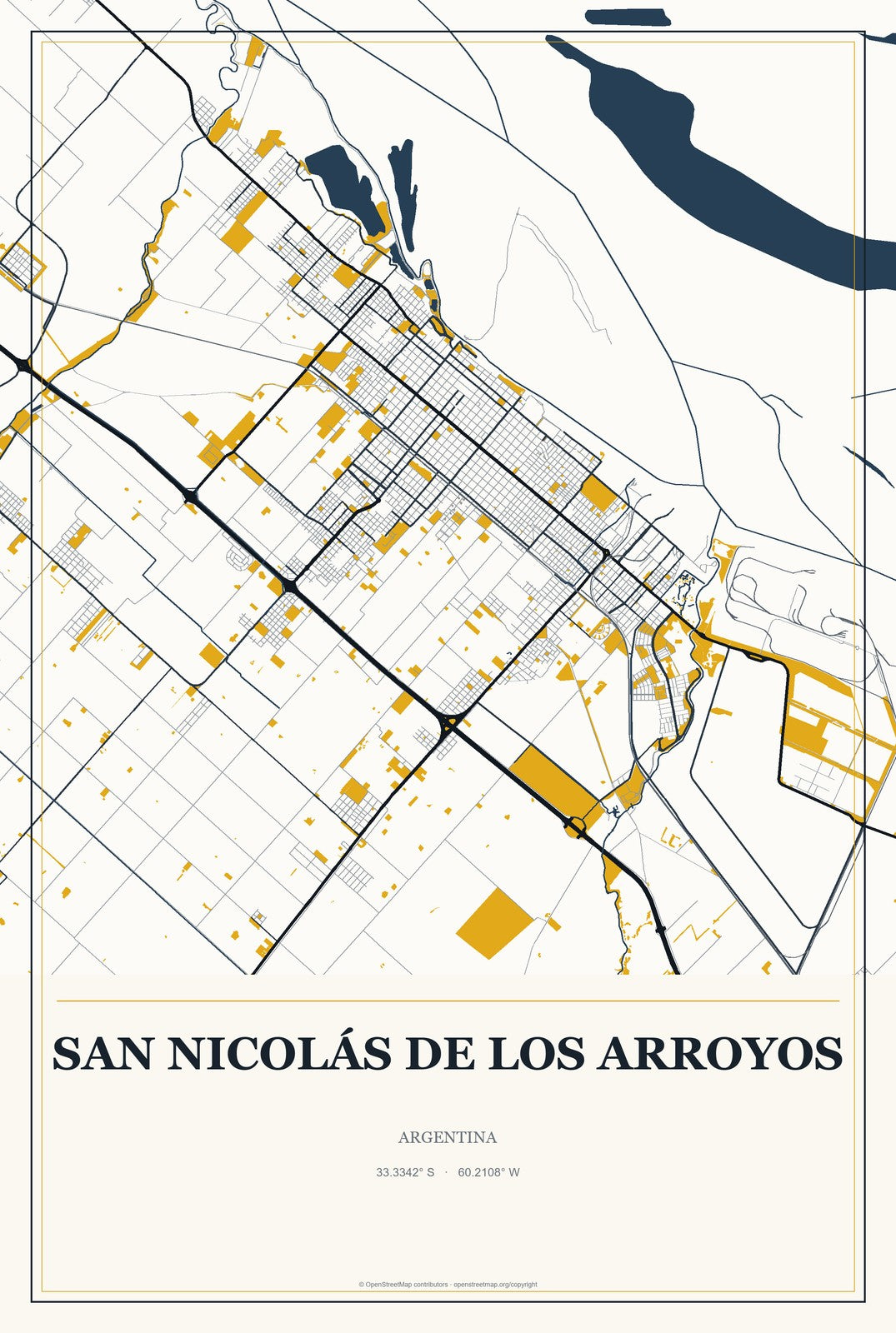 San Nicolás de los Arroyos, Argentina City Map Aluminum Sign in Citrine Modern style
