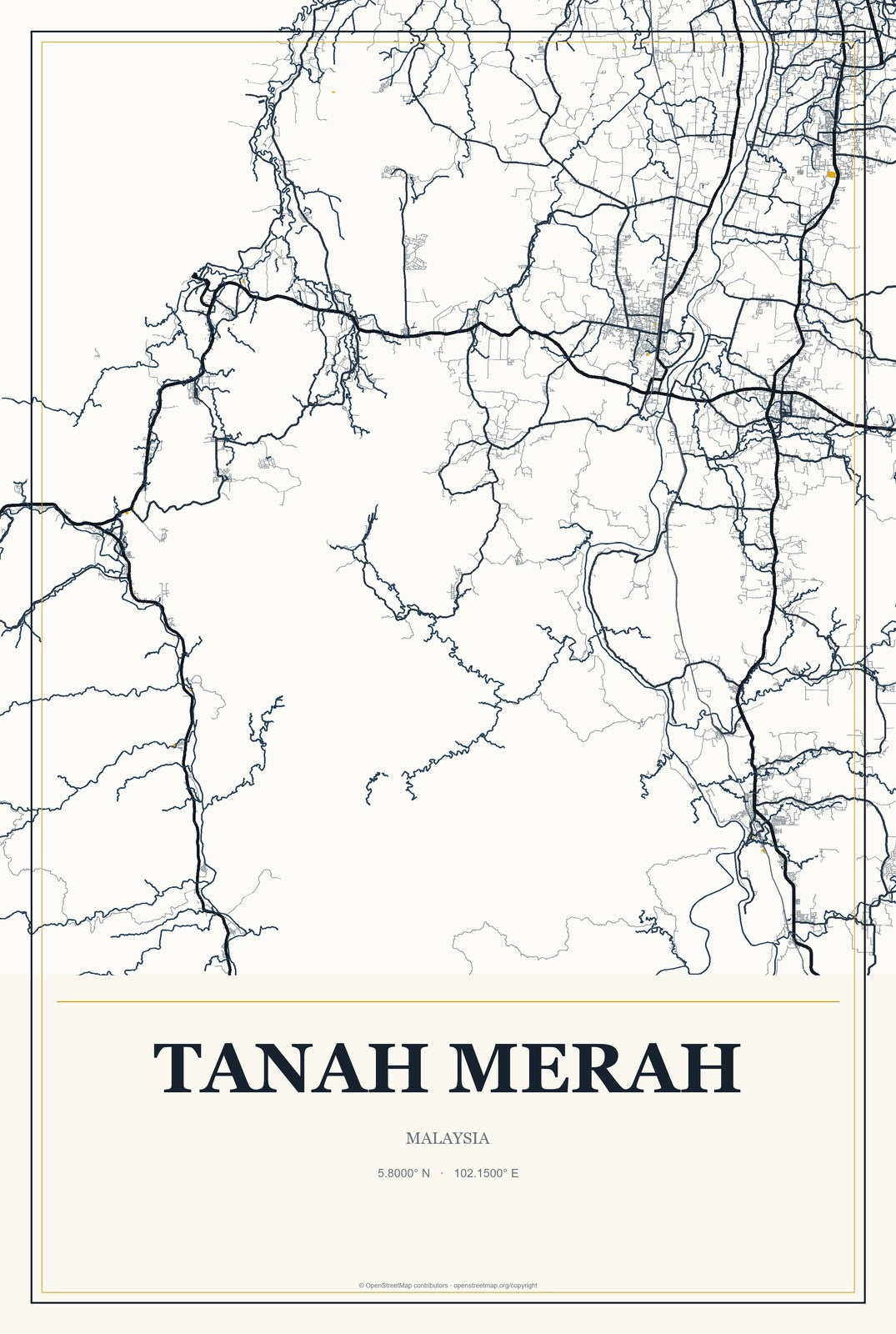 Tanah Merah, Malaysia City Map Aluminum Sign in Citrine Modern style