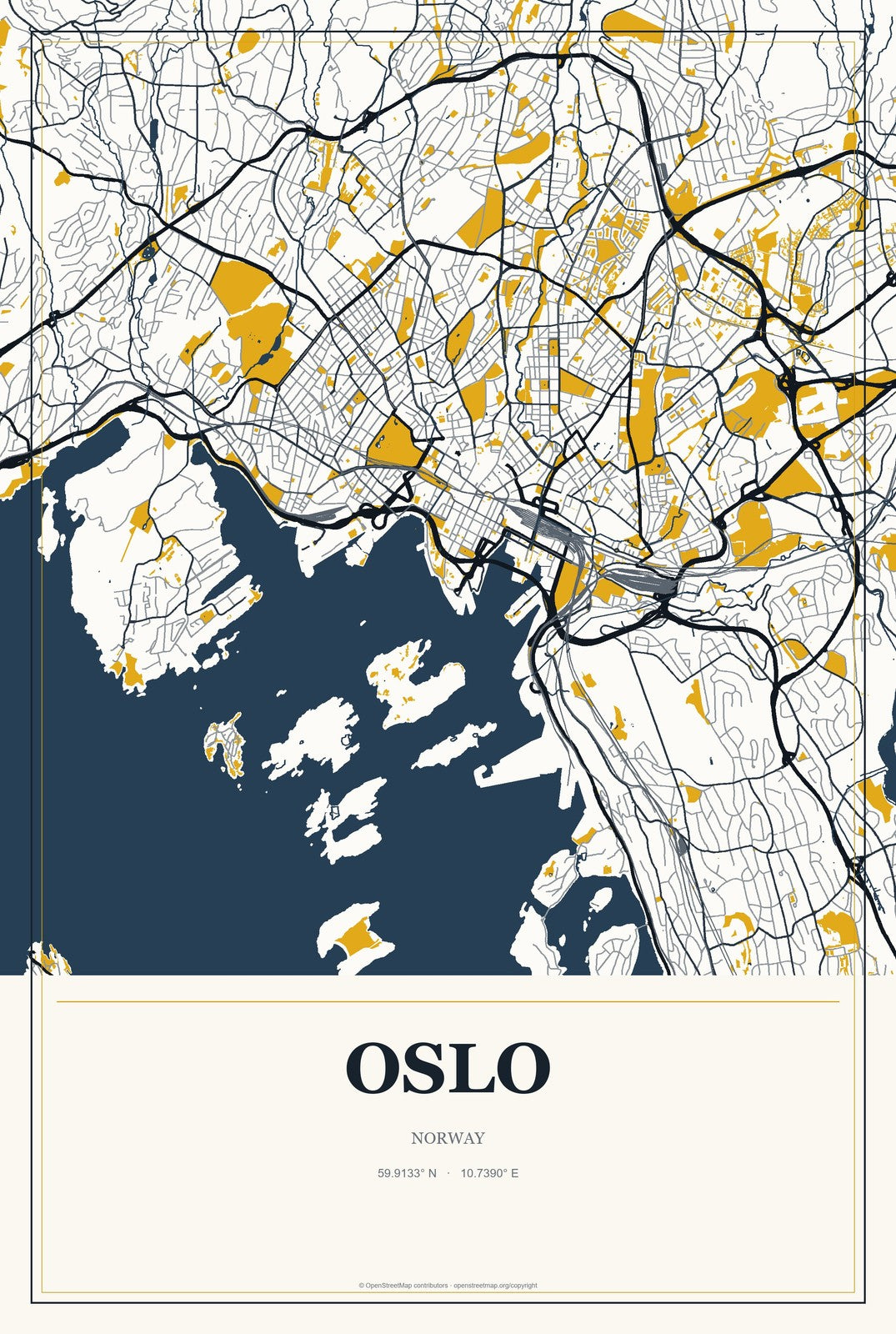 Oslo, Norway City Map Aluminum Sign in Citrine Modern style