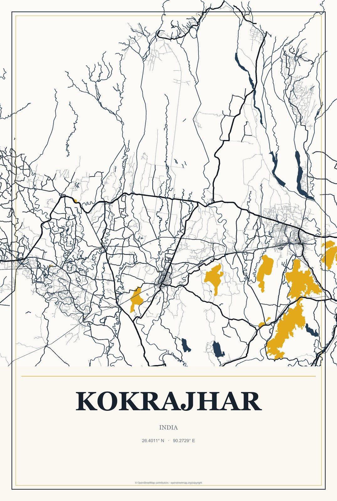 Kokrajhar, India City Map Aluminum Sign in Citrine Modern style