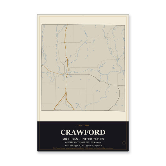 Crawford County, Michigan Map Aluminum Sign in Museum Plaque style